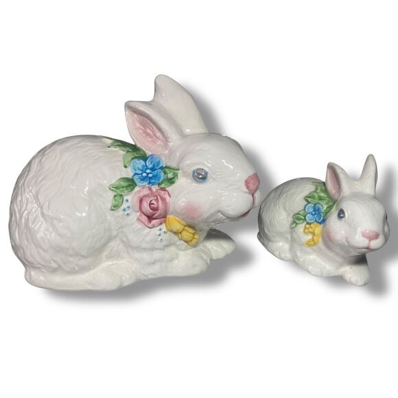 Easter Spring Decor 2 Bunny Rabbit Glazed White Ceramic Floral Necklaces Vintage - Picture 2 of 8